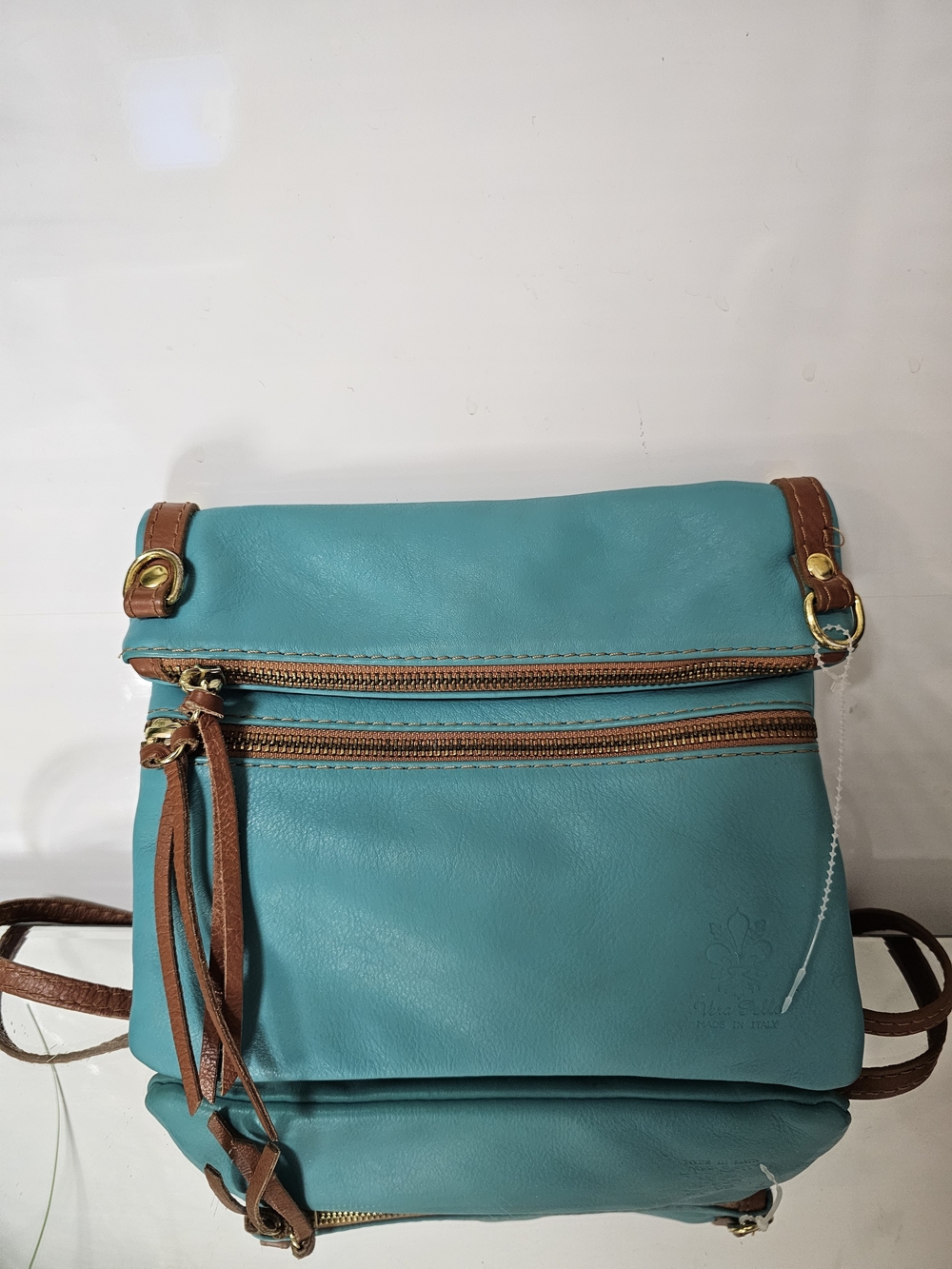 Vera Pelle Turquoise Leather Crossbody with Brown Trim